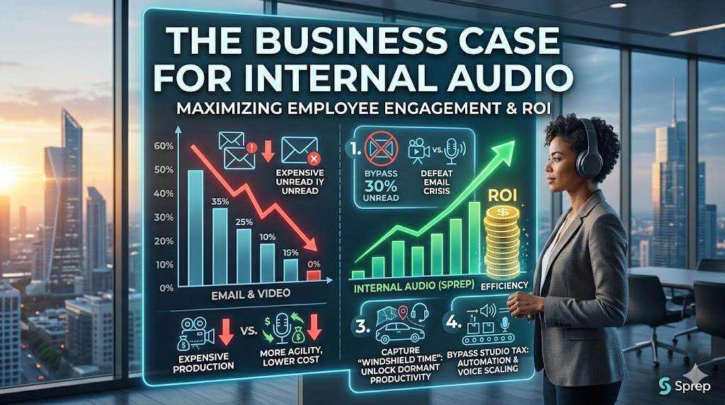 Corporate financial charts blending into an audio waveform, symbolizing the ROI and business case for internal podcasts.