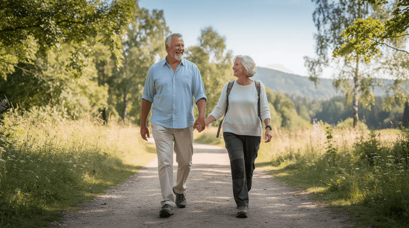 The image depicts a confident retired couple walking hand in hand outdoors, surrounded by lush greenery and a clear blue sky. They embody the joy of retirement, reflecting a well-planned financial strategy that ensures their long-term financial security and a comfortable lifestyle.