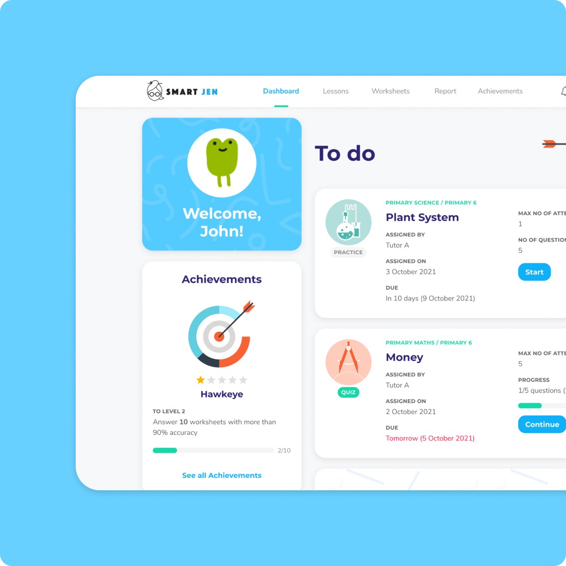 A screenshot of SmartJen's student dashboard displaying the student's achievements and To-Do list