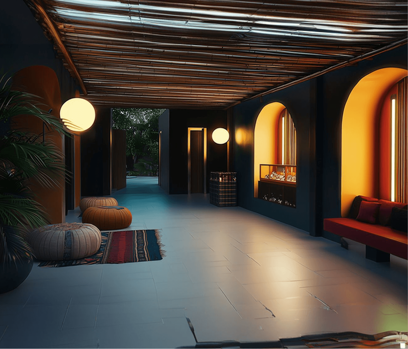 Modern evening interior with curved archways, sphere pendant lights, curved colorful seating, and view to illuminated exterior spaces