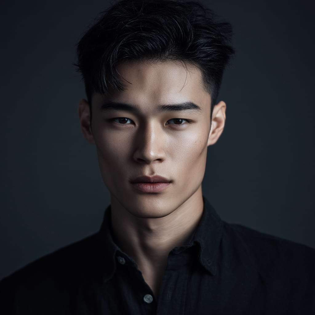A person with short, dark hair and a serious expression stares directly at the camera. They are wearing a dark shirt against a gray backdrop. The mood is intense.