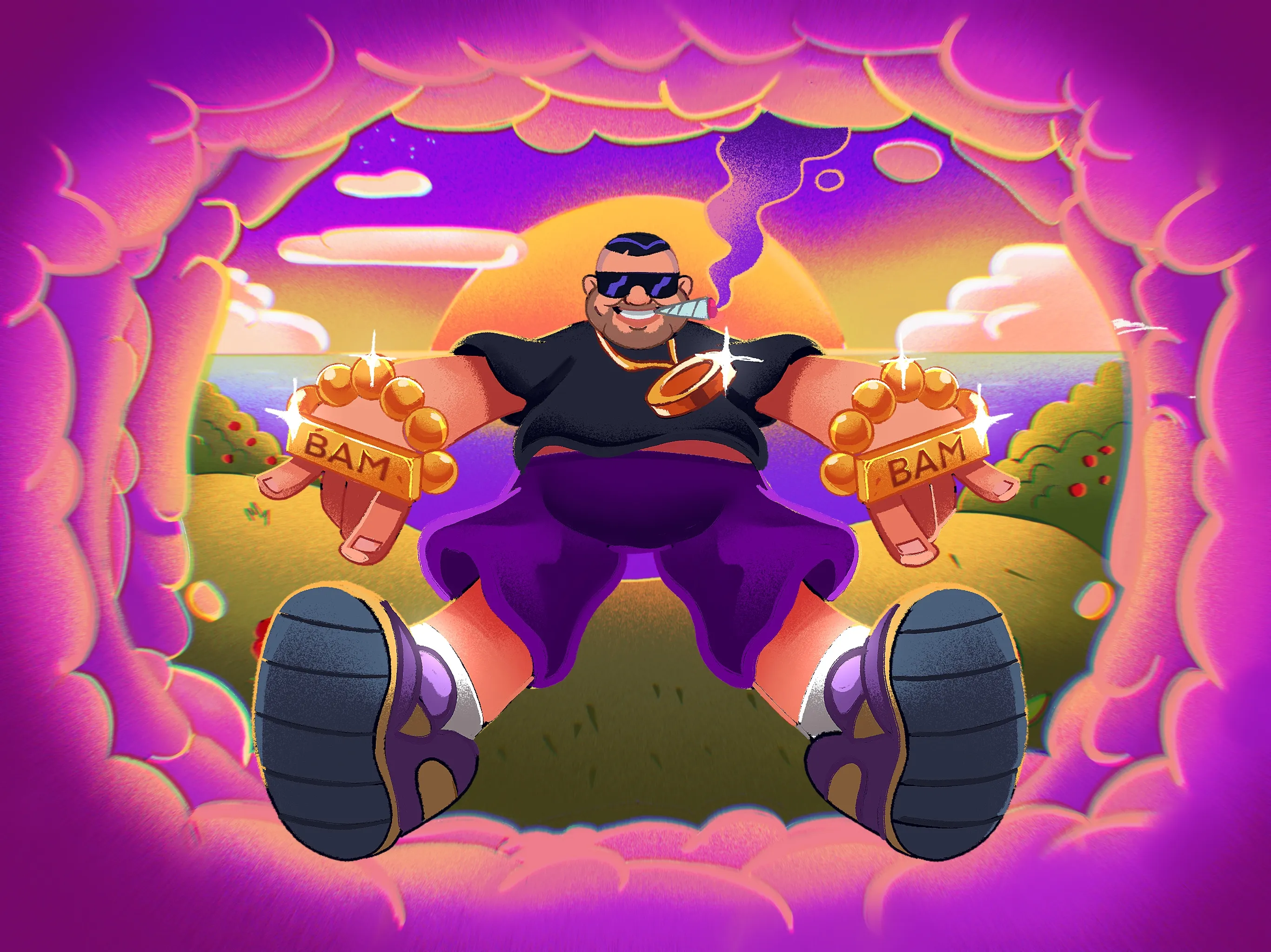 Full vibrant illustration of the BamBam Budz character emerging from a glowing purple-and-orange portal.