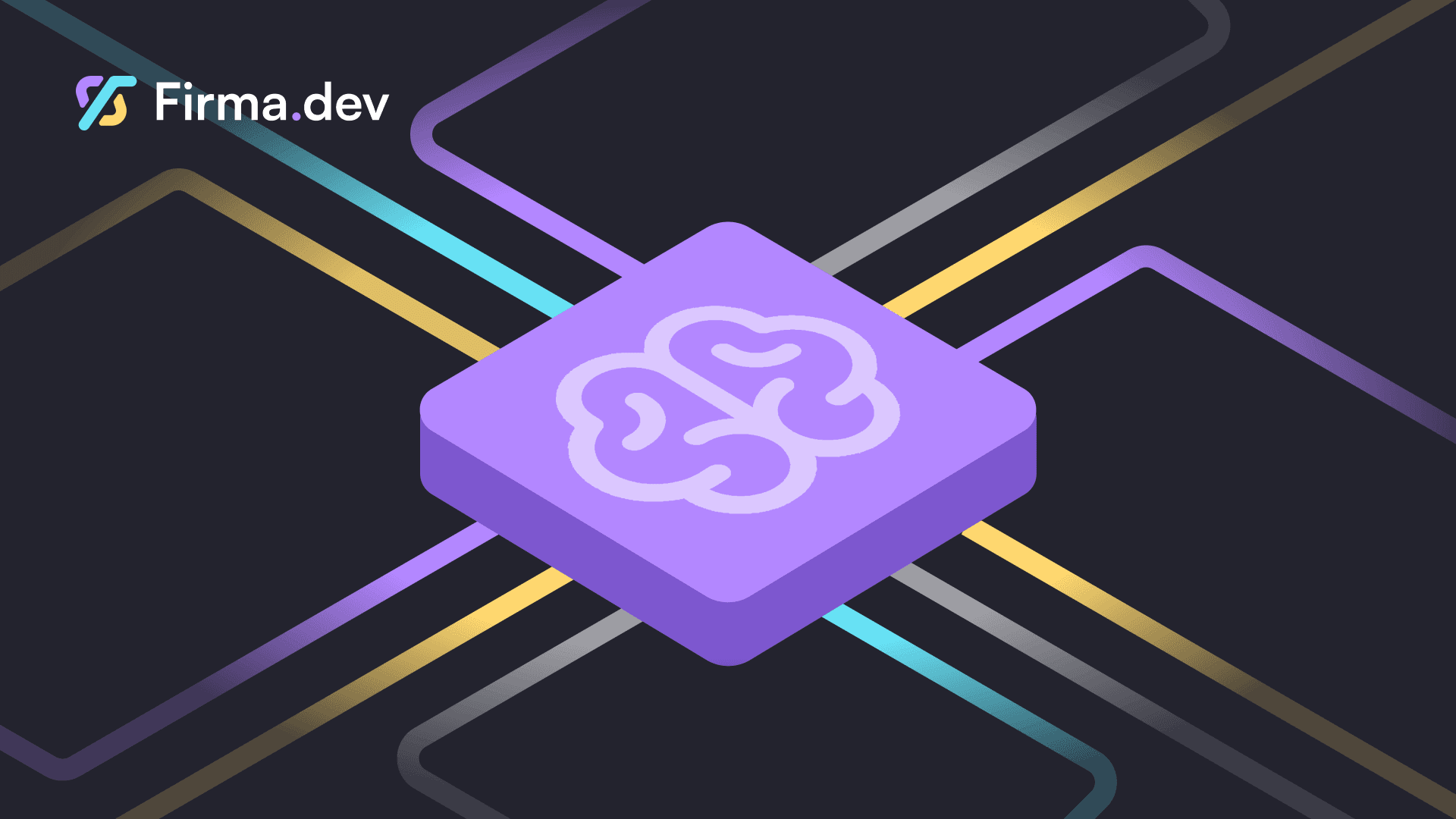 Illustration eines lila Chips mit einem Gehirnsymbol in der Mitte, auf einem dunklen Hintergrund. Bunte Linien verbinden sich, wodurch Technologie und Konnektivität hervorgerufen werden.