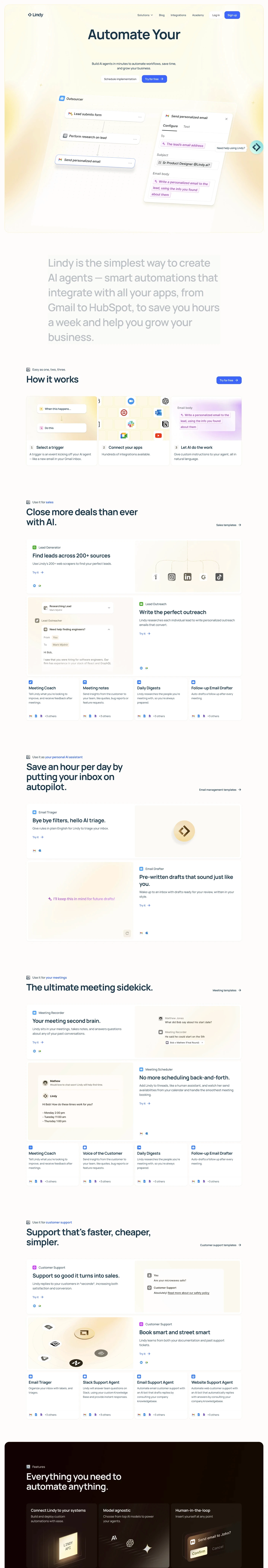 Lindy.ai landing page screenshot showcasing Tech and AI design