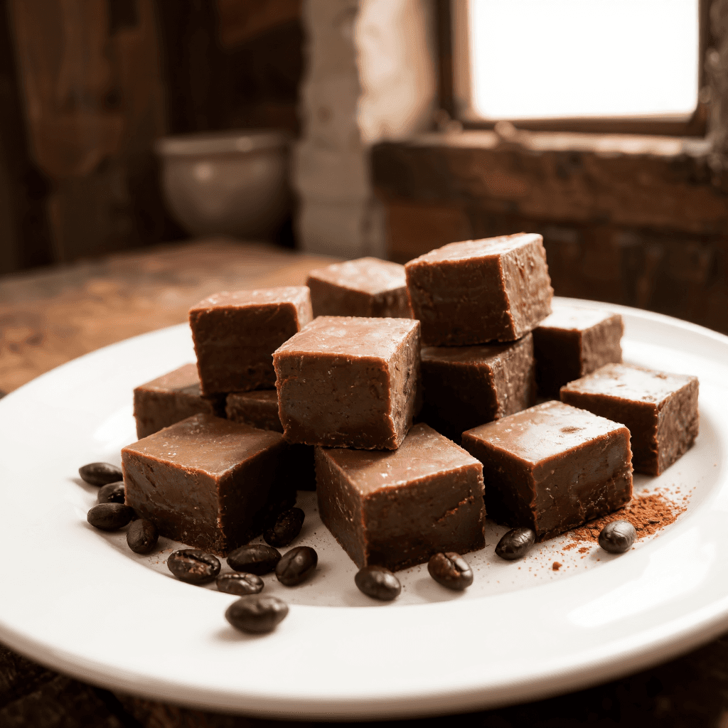 product photography of a plate of chocolate fudge pieces