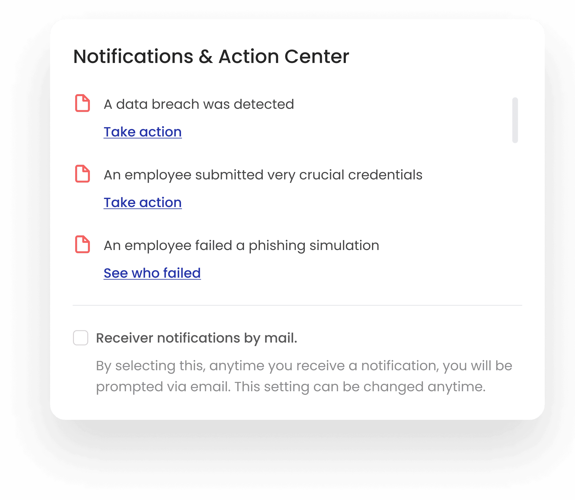 Notifications and Action Center dashboard displaying alerts for data breach detection, phishing training enrollment, and policy updates, with 'Take Action' buttons and reward points.