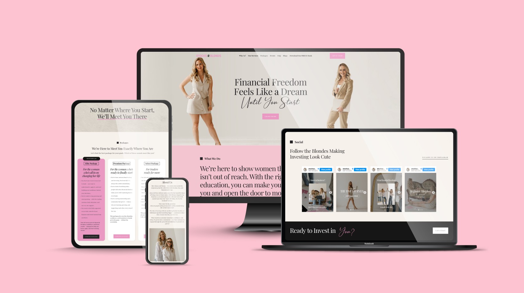 Stocks & Blonds custom Framer website design featuring HubSpot lead capture forms and financial coaching resources
