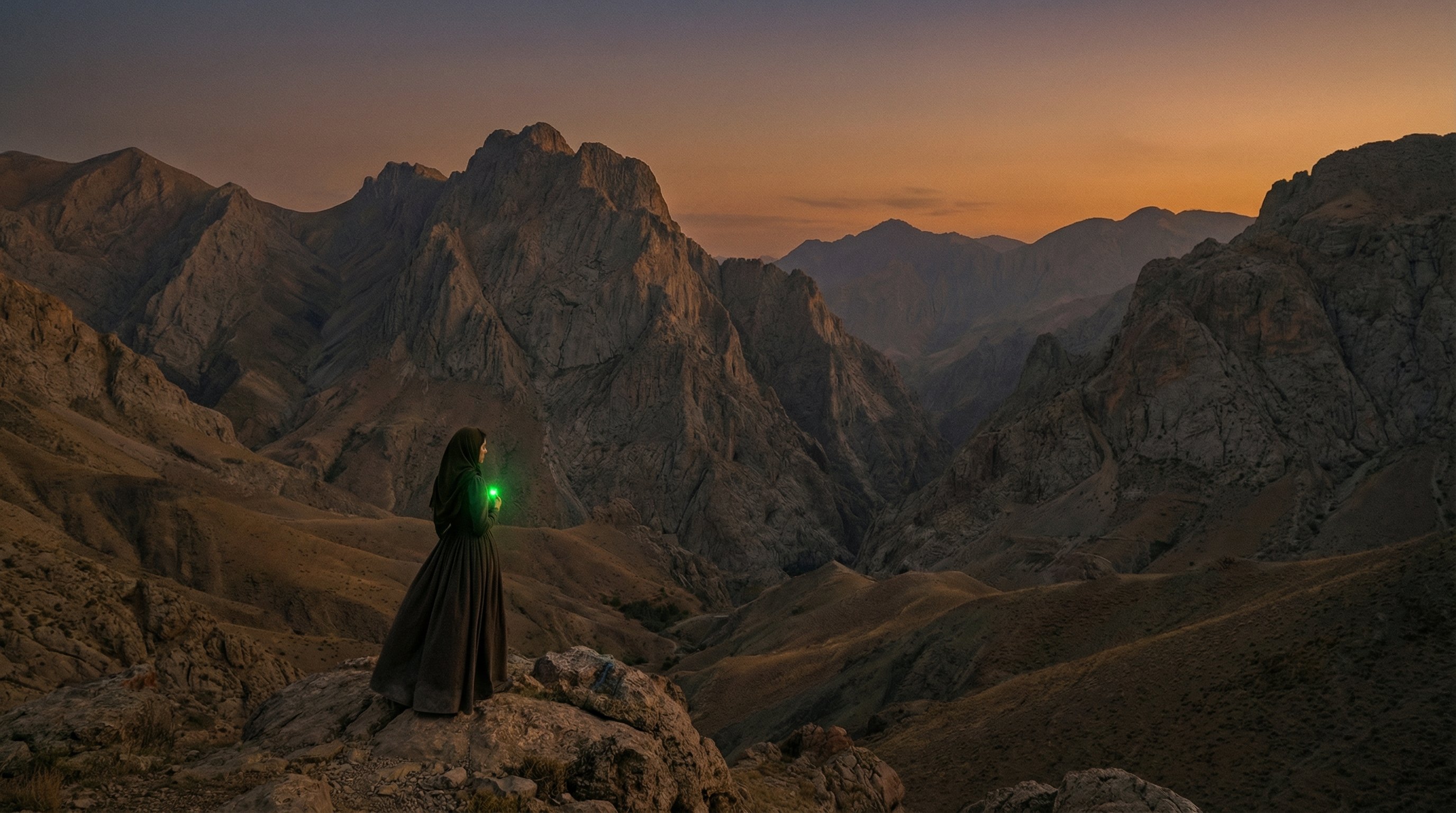 A cloaked figure on a rock at the edge of the Persian mountains at dusk, a green stone alight in her cupped hands, ranges falling away to the horizon