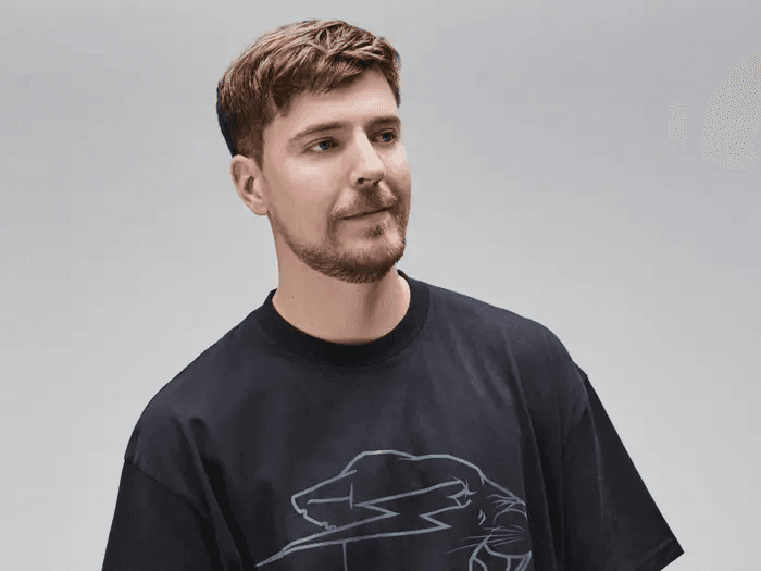 MrBeast, a young man with short hair wearing a black t-shirt, looking thoughtfully to the side against a gray background.