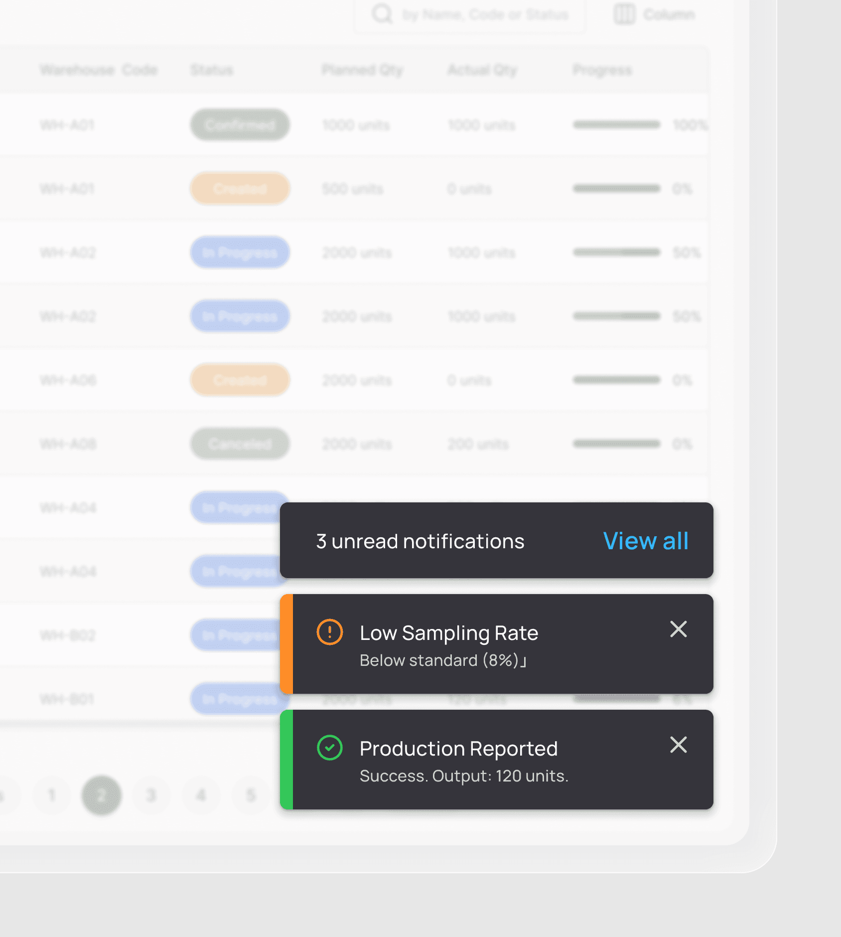Bottom-right corner of system interface showing 3 Toast notifications: "Production Reported", "Low Sampling Rate", and collapsed 3 unread notifications