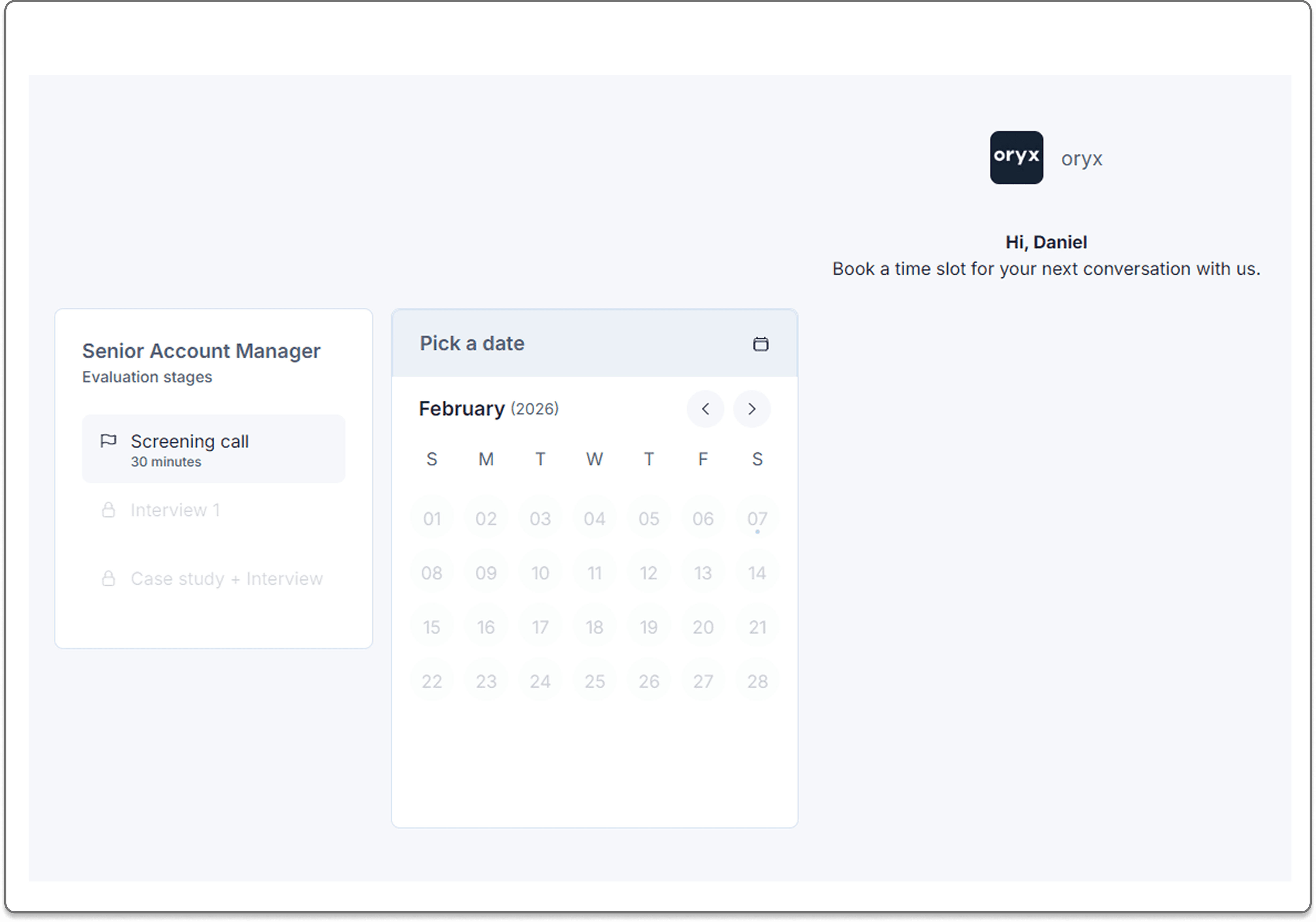 Screenshot of the oryx candidate interview scheduling page showing a calendar booking interface for a screening call