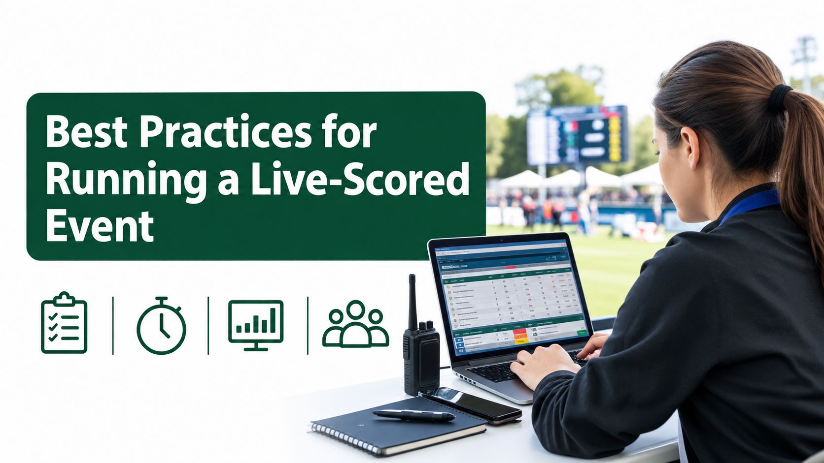 A woman working on a laptop at a live-scored sporting event with scoreboards in the background.