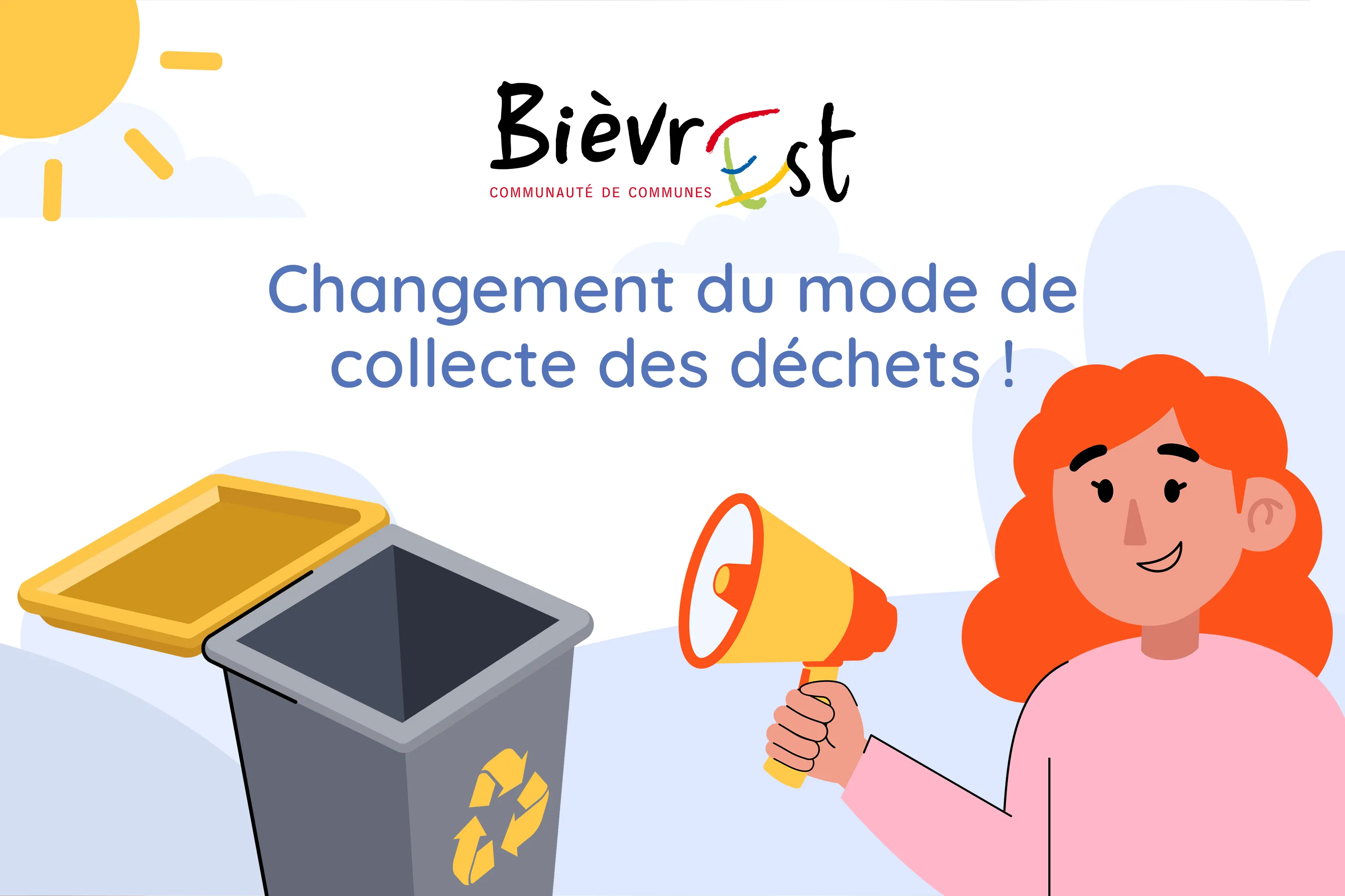 Illustration annonçant le changement du mode de collecte des déchets de Bièvre Est. Visuel composé d'une femme avec un mégaphone, d'un bac de tri jaune et d'un paysage naturel en arrière-plan.