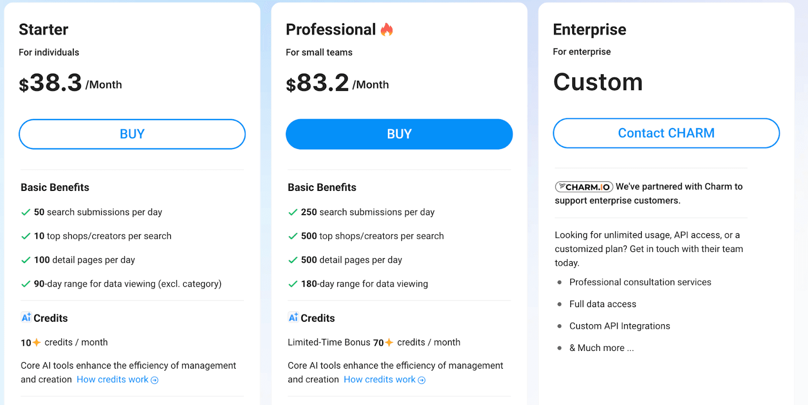 Pricing page with Starter, Professional, and Enterprise plans and monthly rates