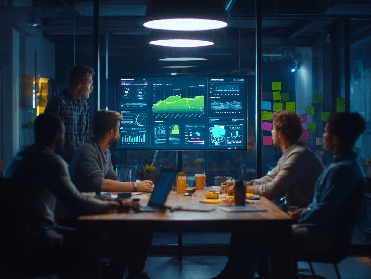 A team of founders looking at data and statistics