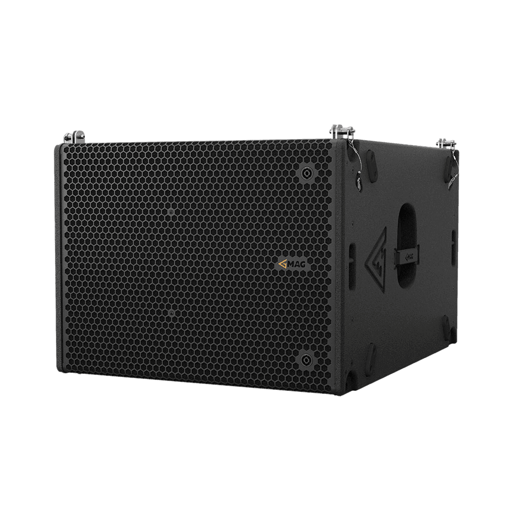 Black loudspeaker on a white background.