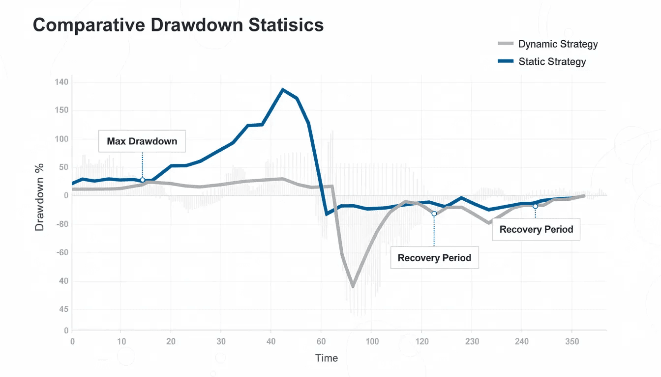 The image displays a chart comparing drawdown statistics between dynamic asset allocation and static portfolio strategies, illustrating how different investment strategies can manage risk and respond to market volatility. The visual highlights the performance of various asset classes, aiding investors and financial advisors in making informed decisions based on past performance and current market conditions.
