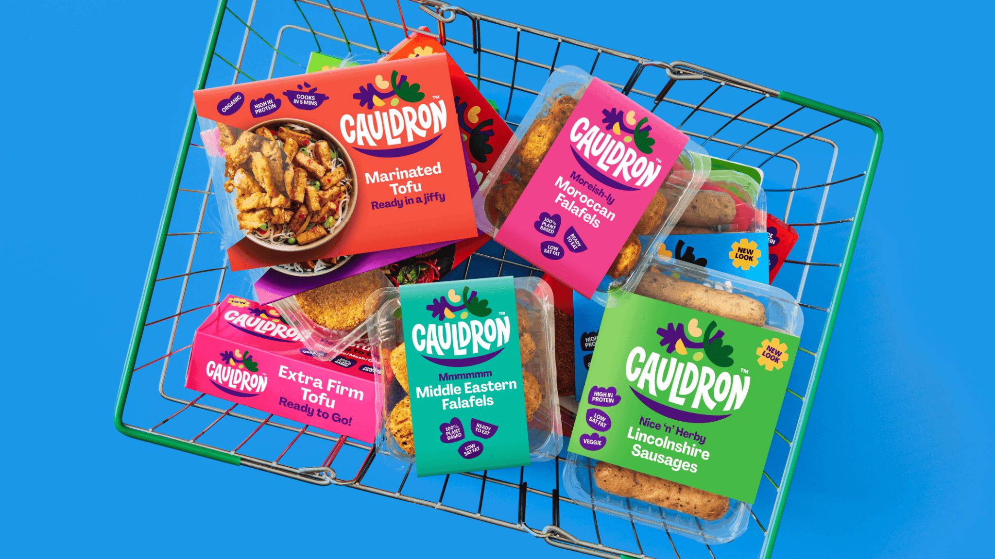 A collection of Cauldron Foods products in a supermarket basket