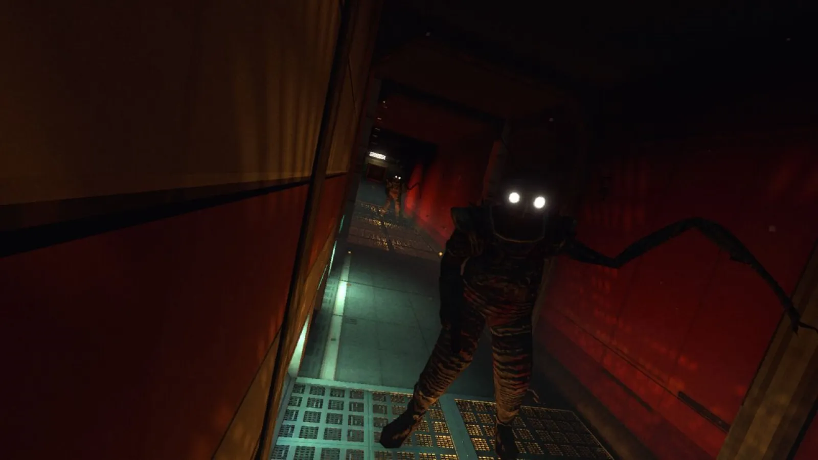 A person in a dimly lit, narrow corridor wearing a space suit with glowing eyes, evoking a tense, mysterious atmosphere suitable for a sci-fi thriller setting.