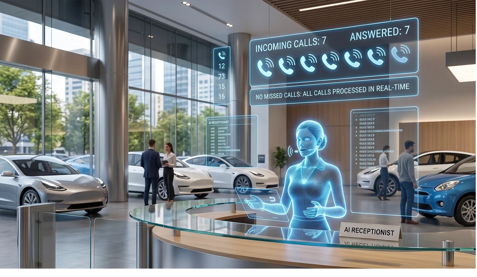 AI car Dealership busy answering incoming call without missed calll. Location in front desk.no text overlay