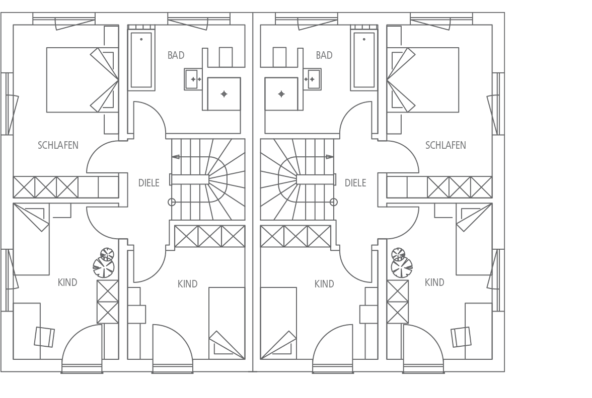 Grundriss mit zwei identischen Haushälften: jeweils mit Diele, Treppe, Schlafzimmer, Kinderzimmer und Bad.