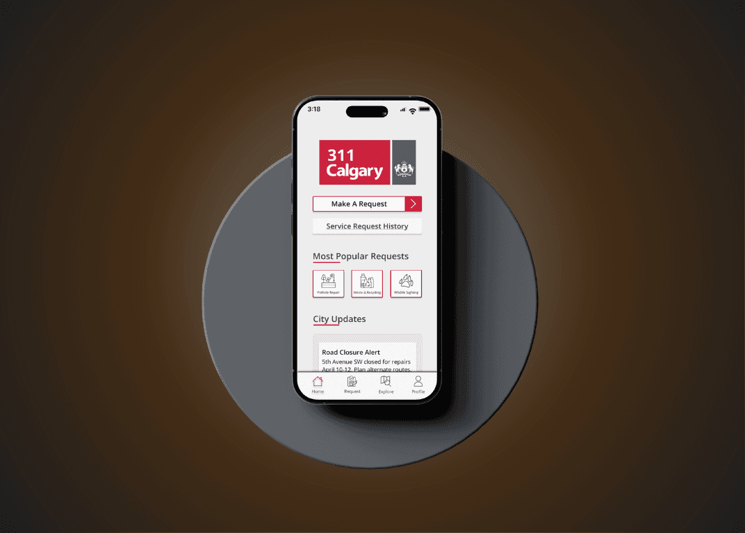 Mobile UI mockup of the redesigned Calgary 311 app, displaying a streamlined home screen with request options like pothole repair, waste and recycling, and wildlife sightings, on a modern smartphone against a dark background.