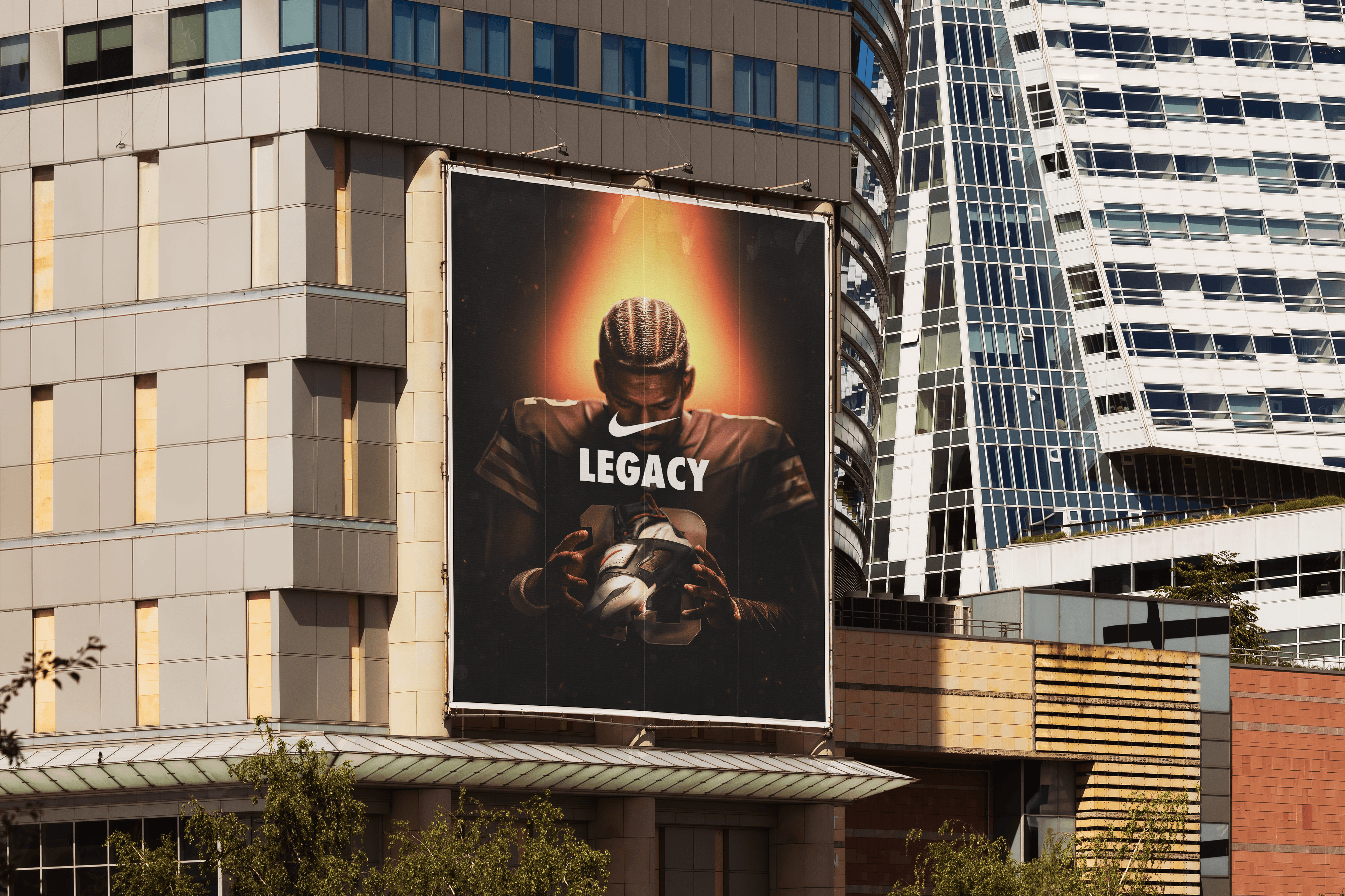 Affiches grand format Nike Legacy en façade, projet d’agence de communication à Colmar.