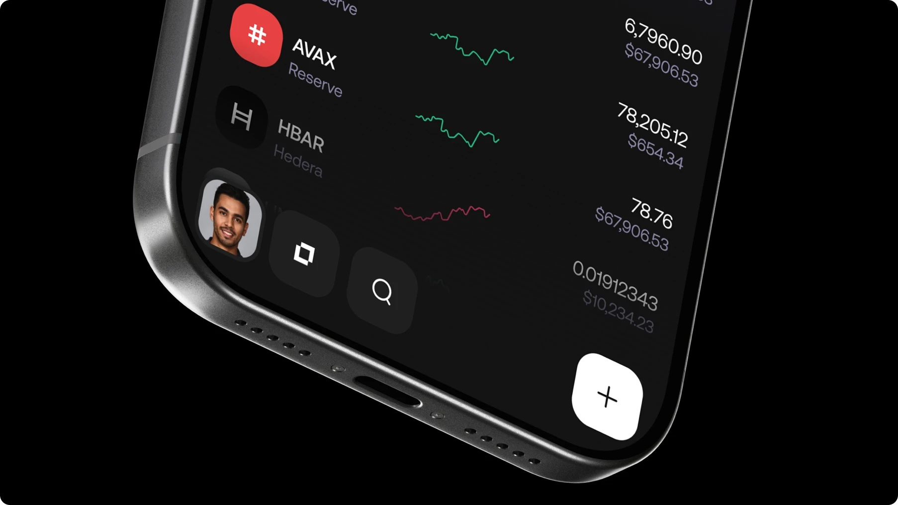 Close-up of a sleek smartphone showing a dark cryptocurrency portfolio app with AVAX and HBAR balances, mini charts, and a plus button.