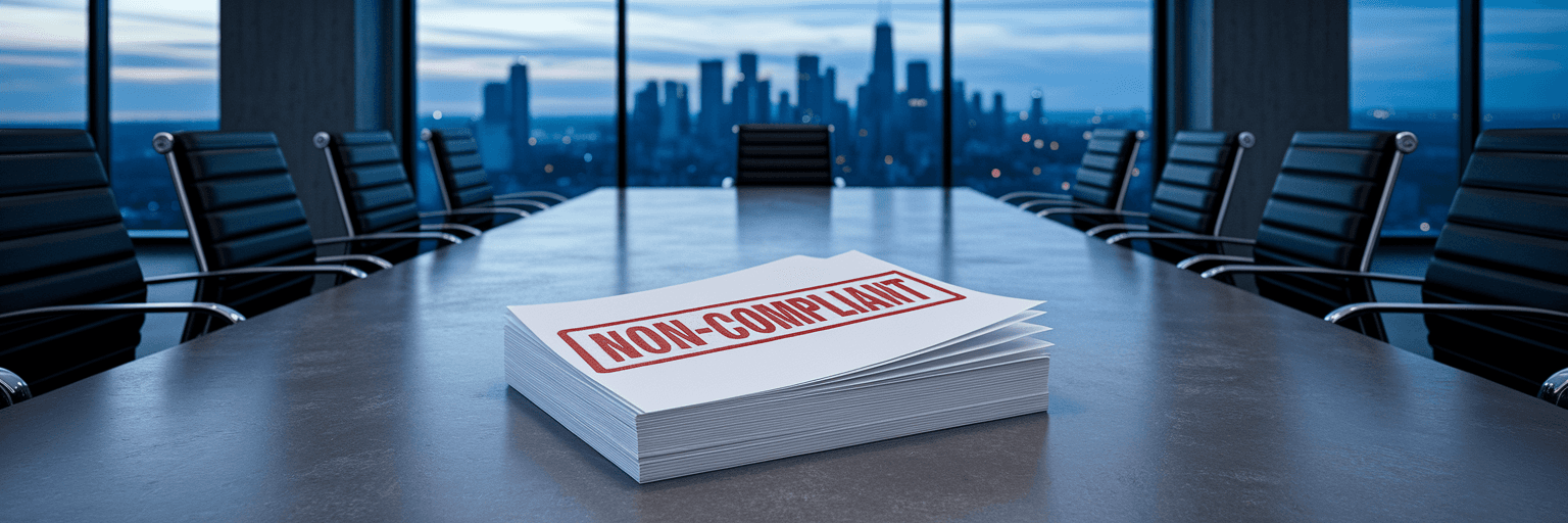Compliance documents stamped non-compliant on boardroom table.