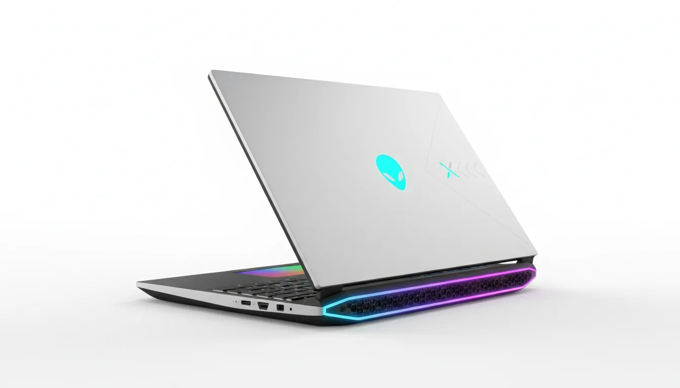Professional product photography of a sleek Alienware X-series gaming laptop, captured from a low, three-quarter rear angle on a seamless white studio background. The laptop features a matte silver-white chassis with the lid open, showcasing a glowing cyan alien head logo and a subtle etched 'X' design. The rear of the device has a prominent honeycomb ventilation grille outlined by a vibrant RGB light strip transitioning from purple to blue. A portion of the black keyboard and a glowing gradient touchpad are visible. Soft studio lighting, sharp focus, high-detail, commercial aesthetic, DSLR.