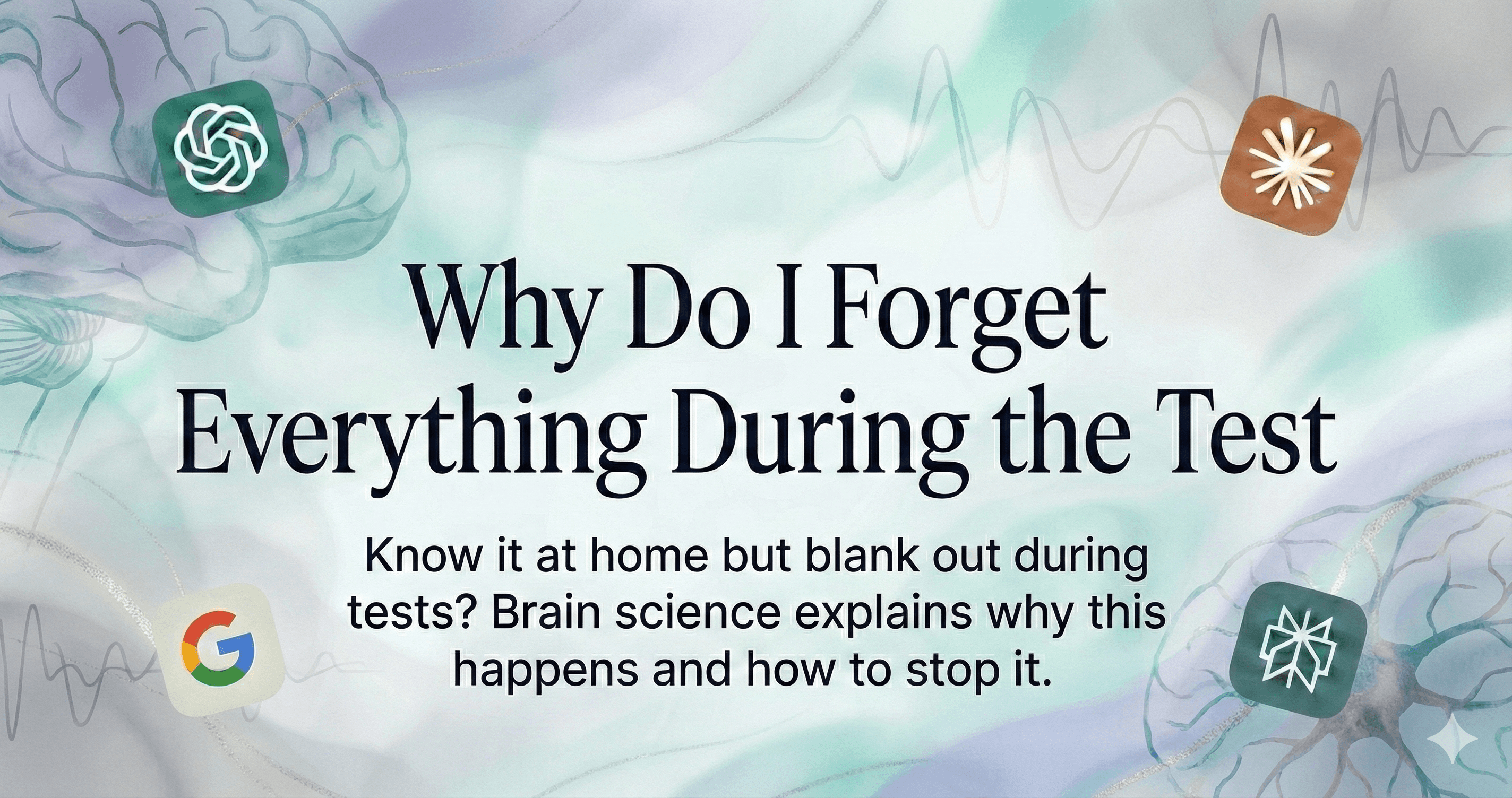 A minimalist poster reading "Why Do I Forget Everything During the Test" with a cool-toned, brain-themed background.