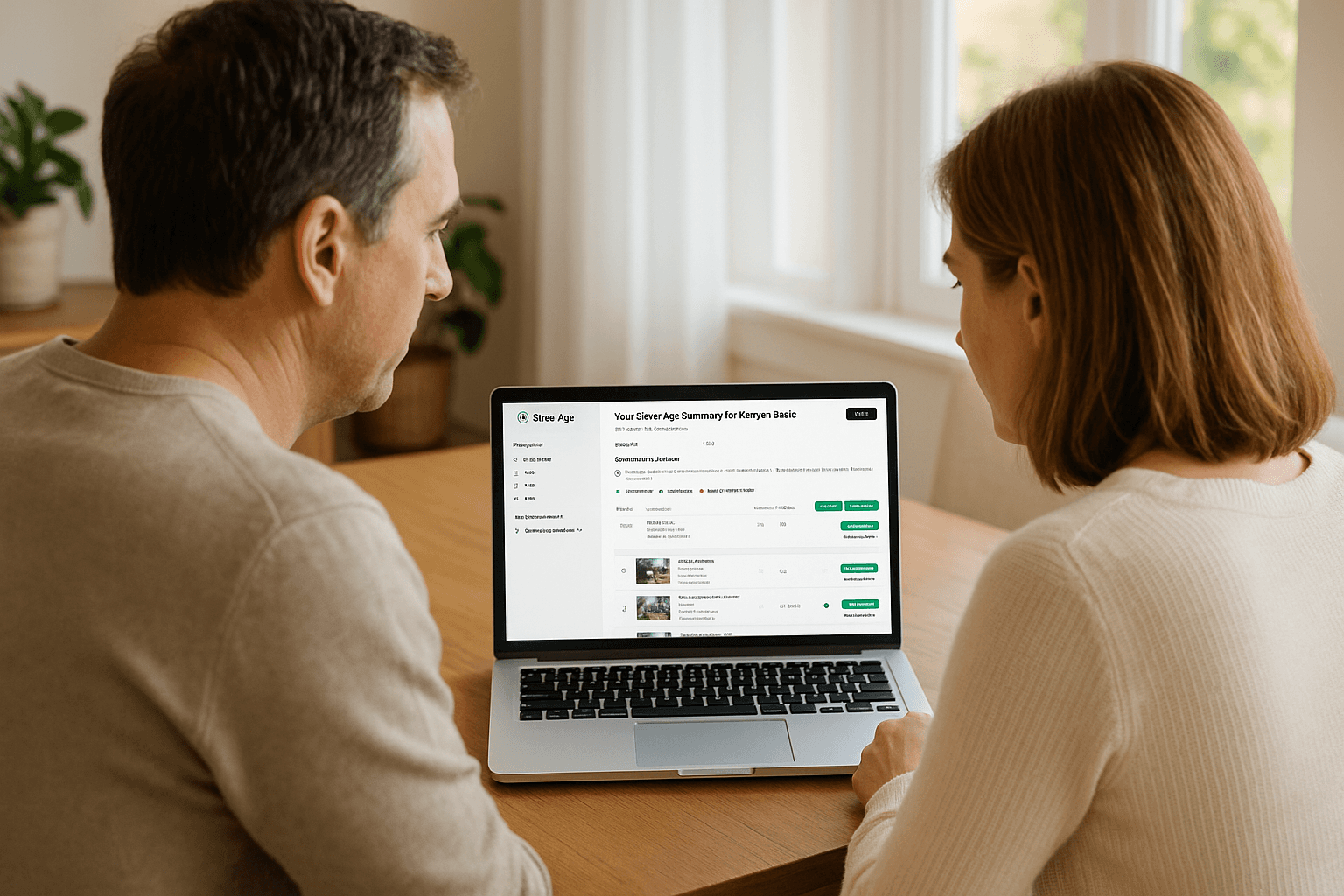 Adult children reviewing the Silver Age care plan on a laptop