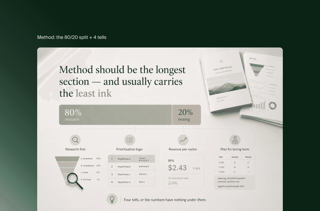 Methodenteil eines CRO-Angebots: 80 % Recherche, 20 % Tests, Priorisierungslogik, Umsatz pro Besucher und Plan für Verlierer