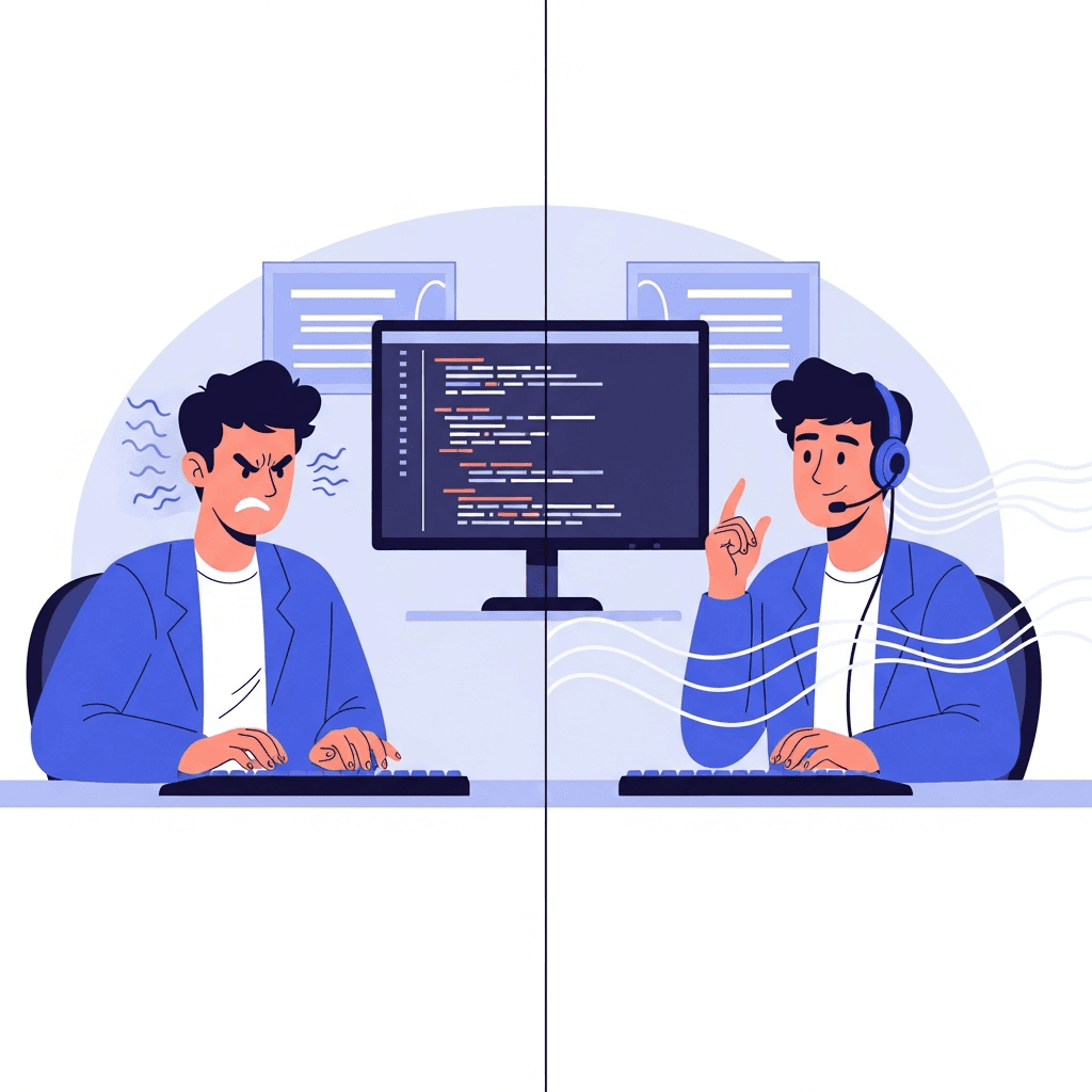 A split-screen comparison illustration showing a developer at a desk. On the left side, the developer is typing on a keyboard with visible slow motion effect and frustrated expression. On the right side, the same developer is speaking into a microphone headset with flowing smooth motion lines and confident relaxed expression. Modern minimal workspace with monitor displaying code in the background. Clean professional digital illustration style with blue and purple accent colors.