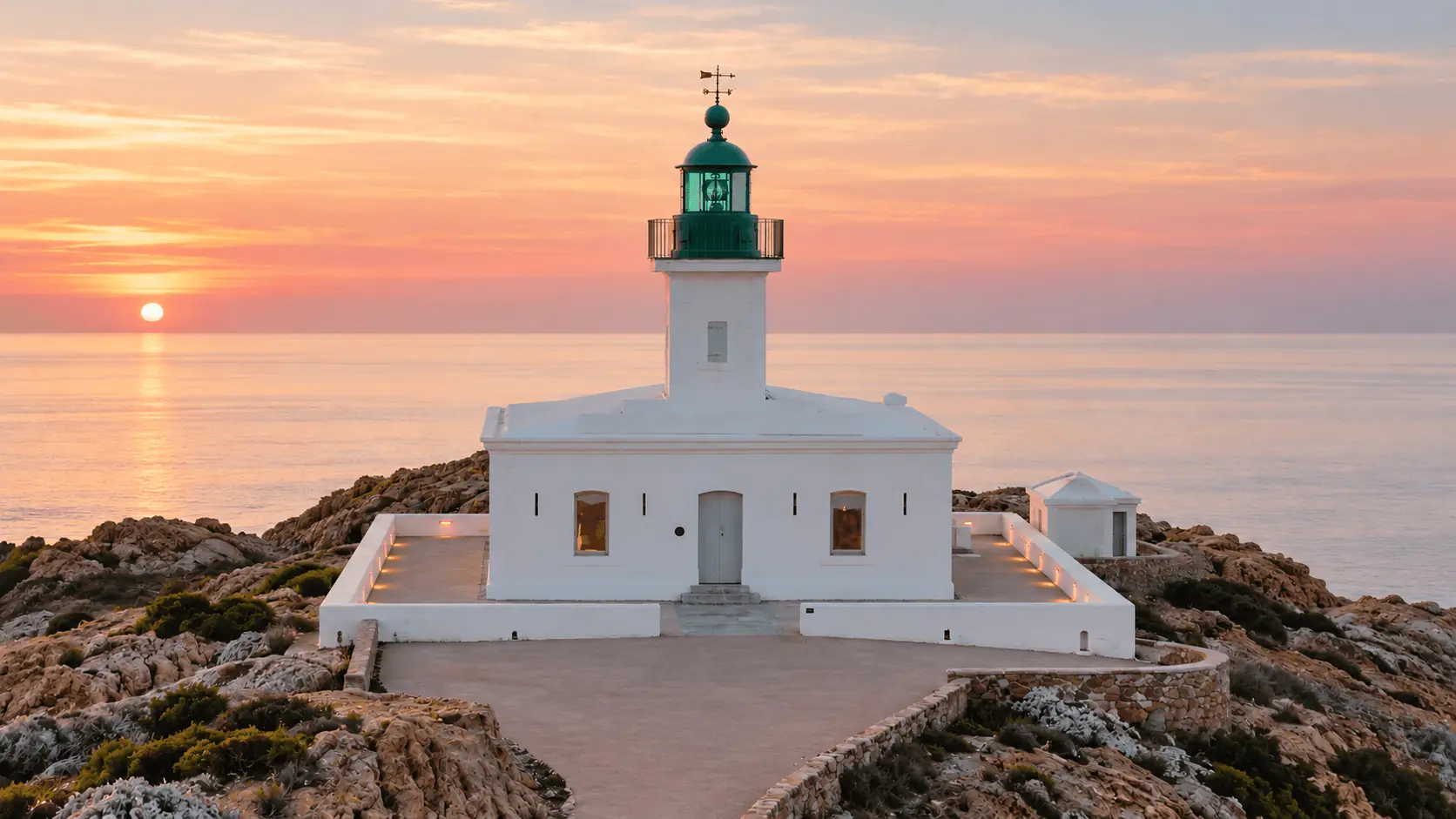 Le phare de la Pietra à L’Île-Rousse au coucher du soleil, face à la mer et aux rochers
