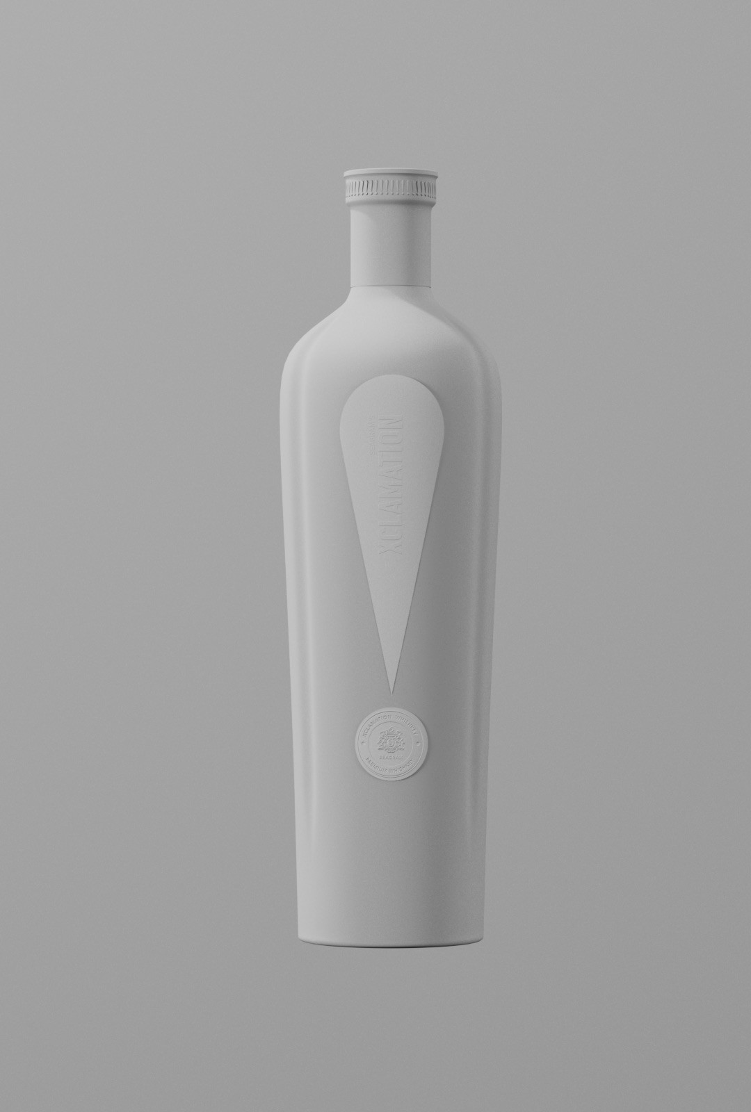 Tall matte white bottle with an exclamation mark shape embossed on the front