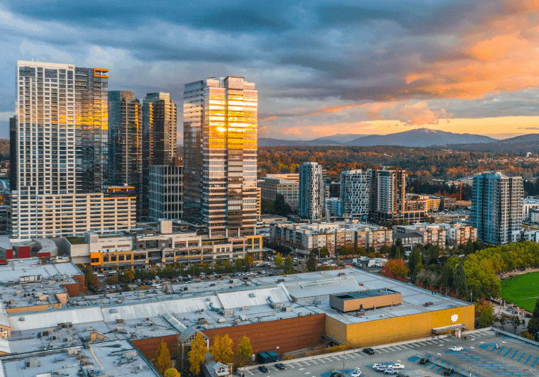 Aerial view of downtown Bellevue at sunset.