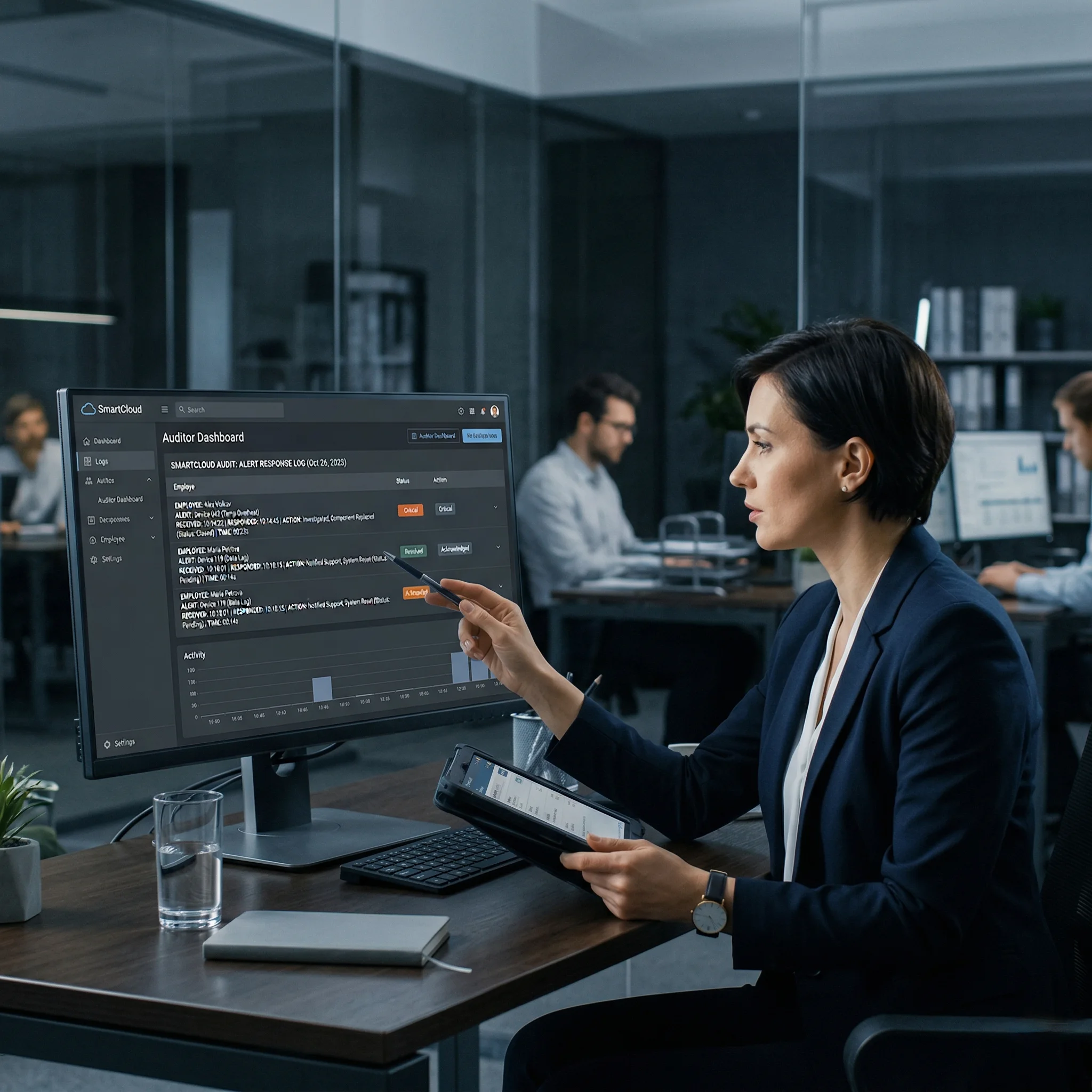 SmartCloud audit trail review: female manager monitoring incident acknowledgment logs for operational accountability