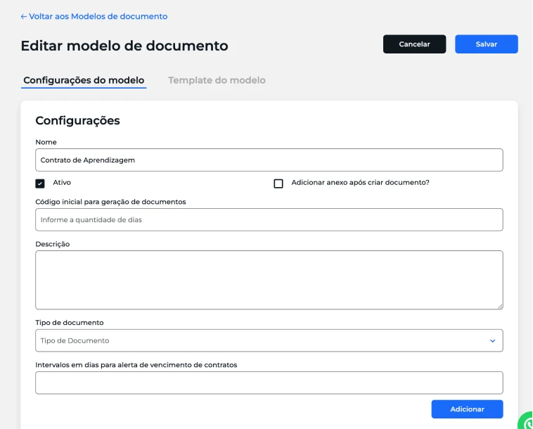 Tela de modelo de documentos do Docnuvem