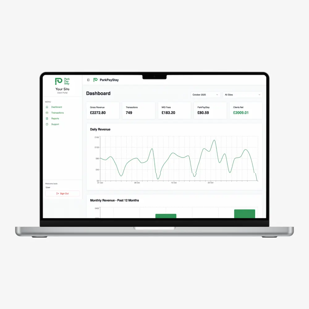 mockup of the parkpaystay client dashboard on a laptop