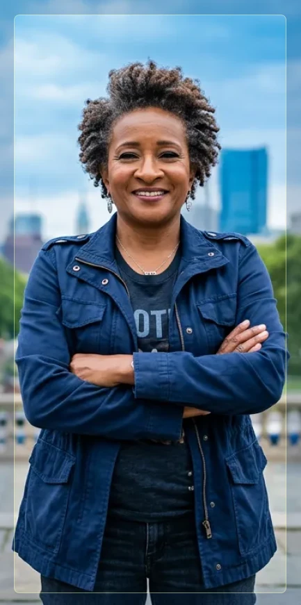 Actress and comedian Wanda Sykes stands confidently with arms crossed, smiling, against a backdrop of a cityscape and greenery.