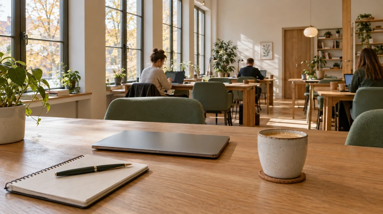 Notizbuch, Laptop und Kaffee auf einem Schreibtisch
