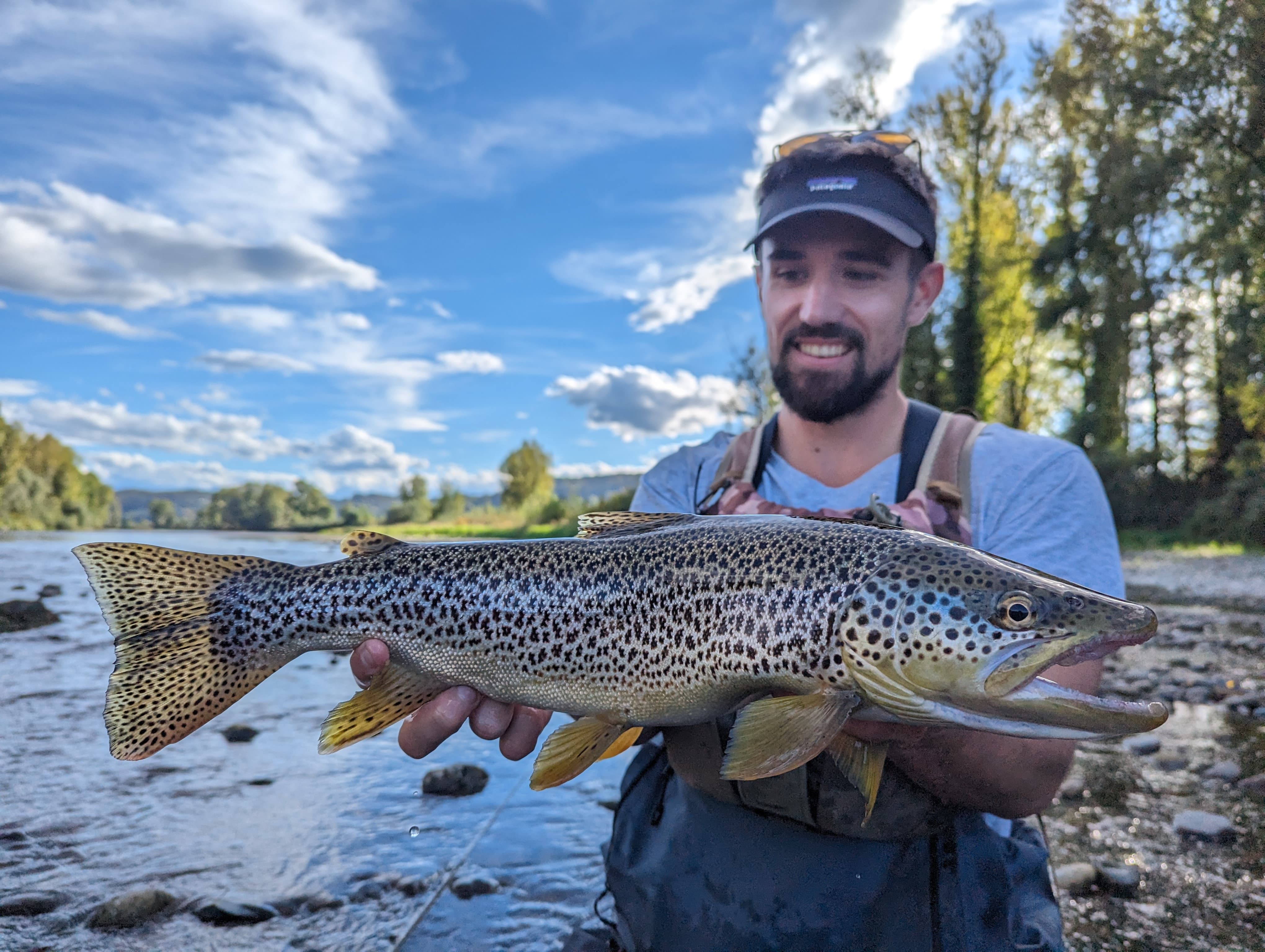 Fly fishing in the Pyrenees: an angler casting into a clear mountain stream surrounded by scenic peaks.