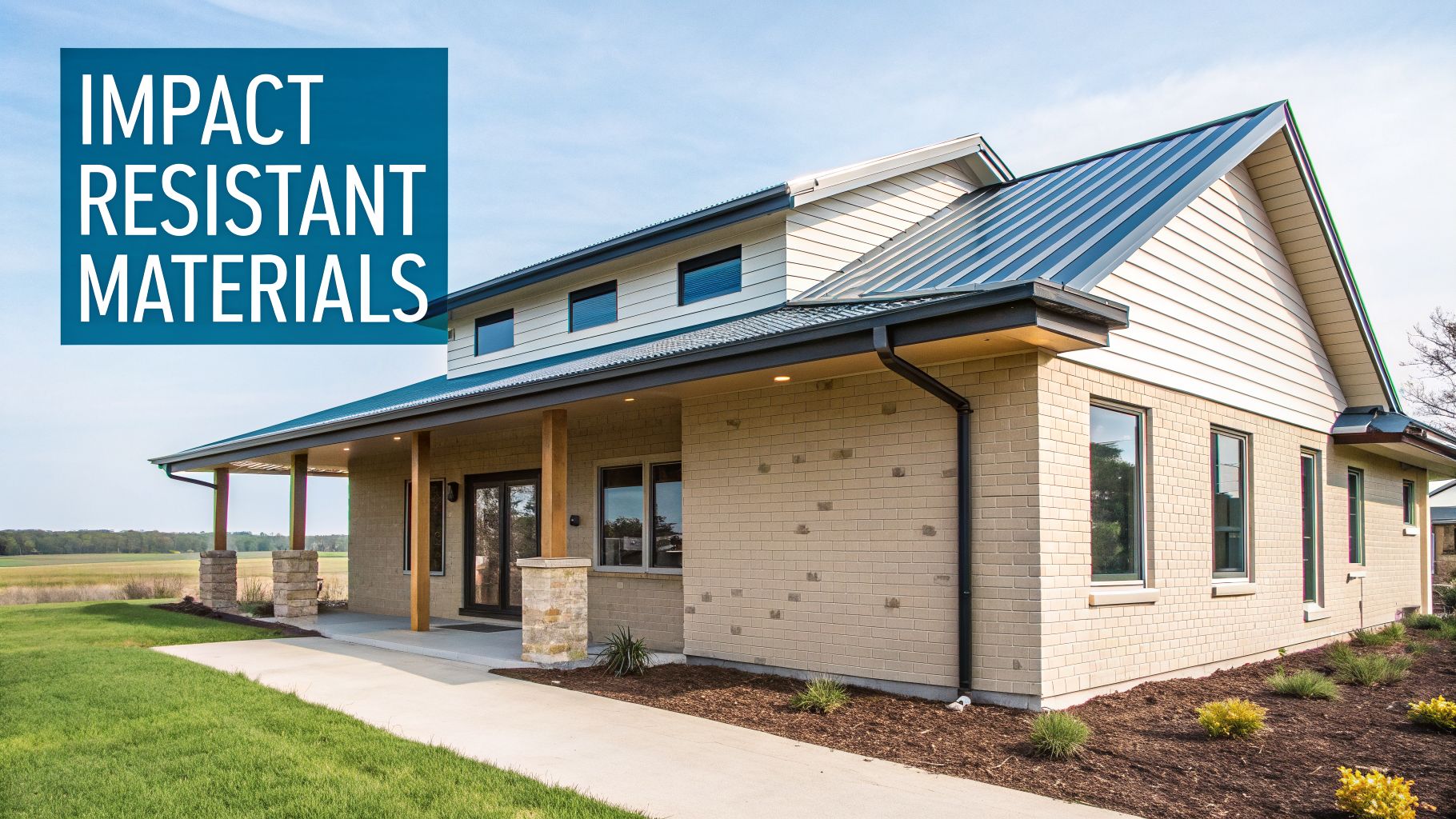 A modern house featuring impact-resistant materials like light brick, white siding, and a dark metal roof.