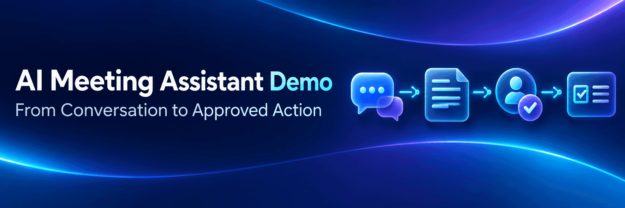 AI meeting assistant demo workflow for Enterprise Connect showing conversation, traceable summary, human approval, and assigned action.