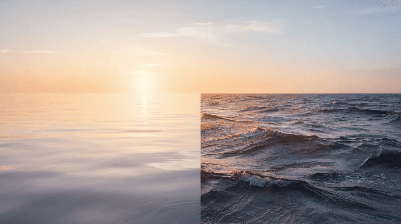 The image depicts a wide ocean horizon at sunrise, showcasing a juxtaposition of calm and rough waters that symbolize the spectrum of portfolio risk and return. This visual metaphor reflects concepts such as portfolio standard deviation and investment risk, illustrating how different market conditions can affect overall volatility in diversified portfolios.