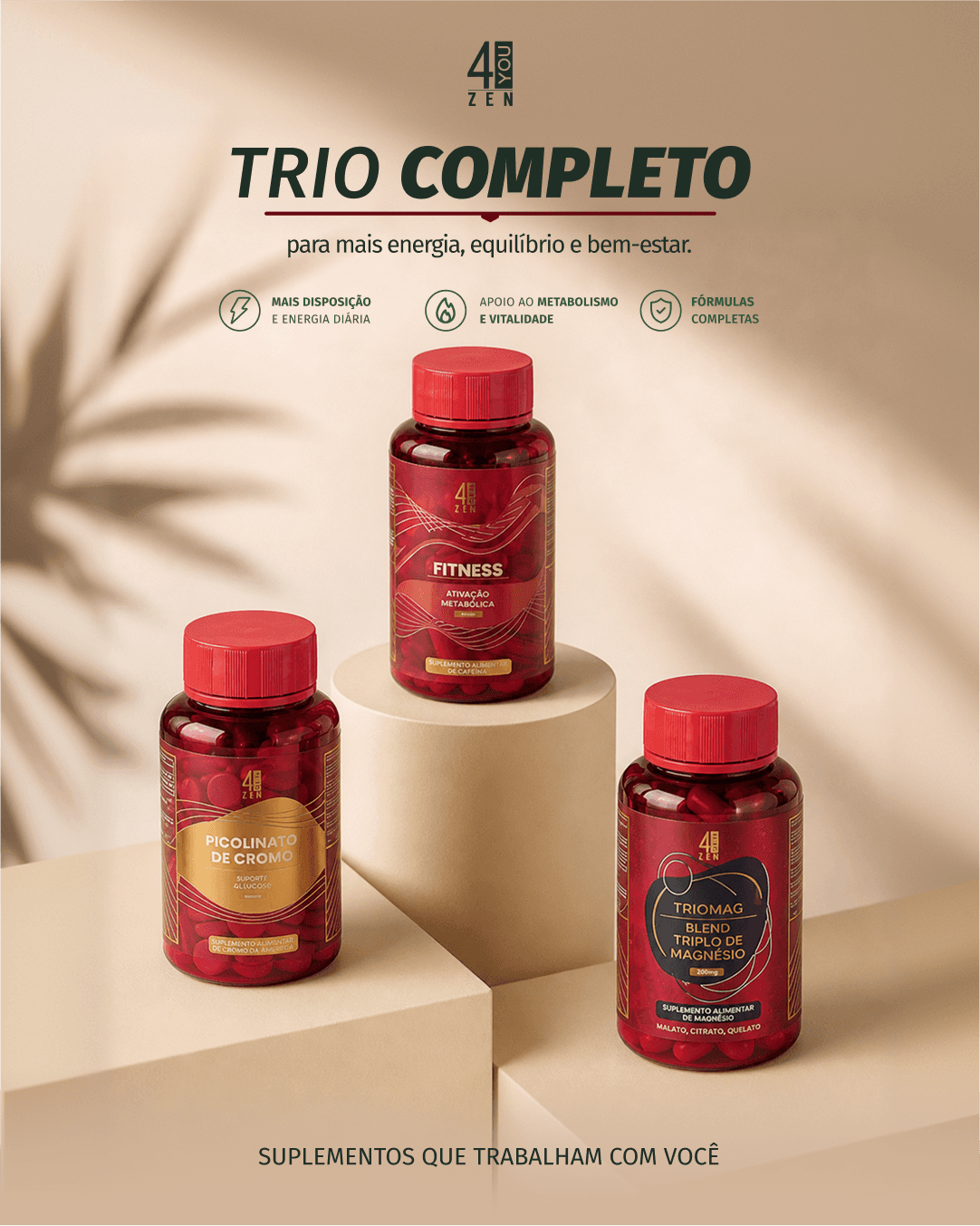 Kit 4you zen picolinato de cromo, blend triplo magnesio e formula fit