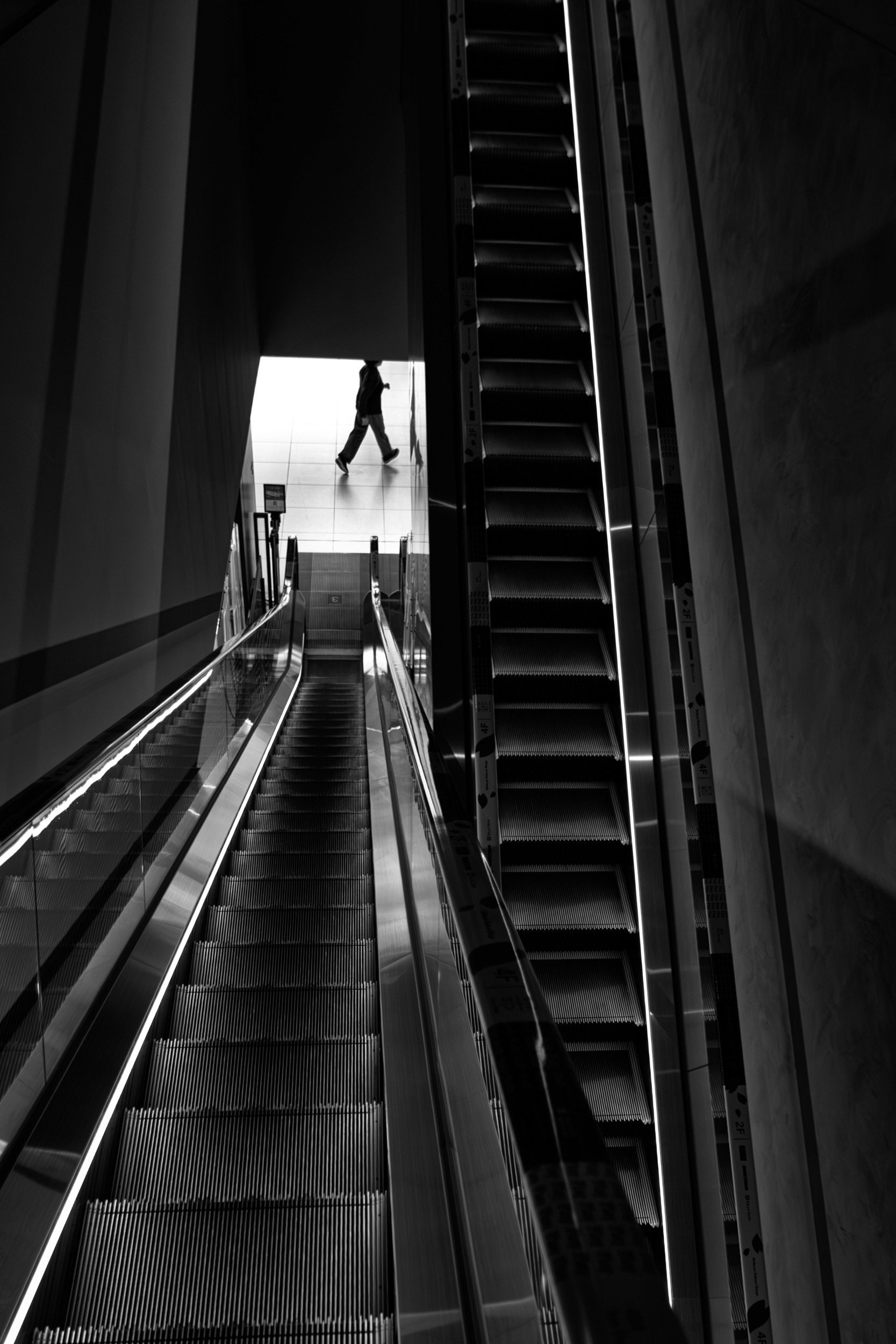 Black and white photograph of a woman walking up tiled stairs inside a subway station with directional arrows on the floor.