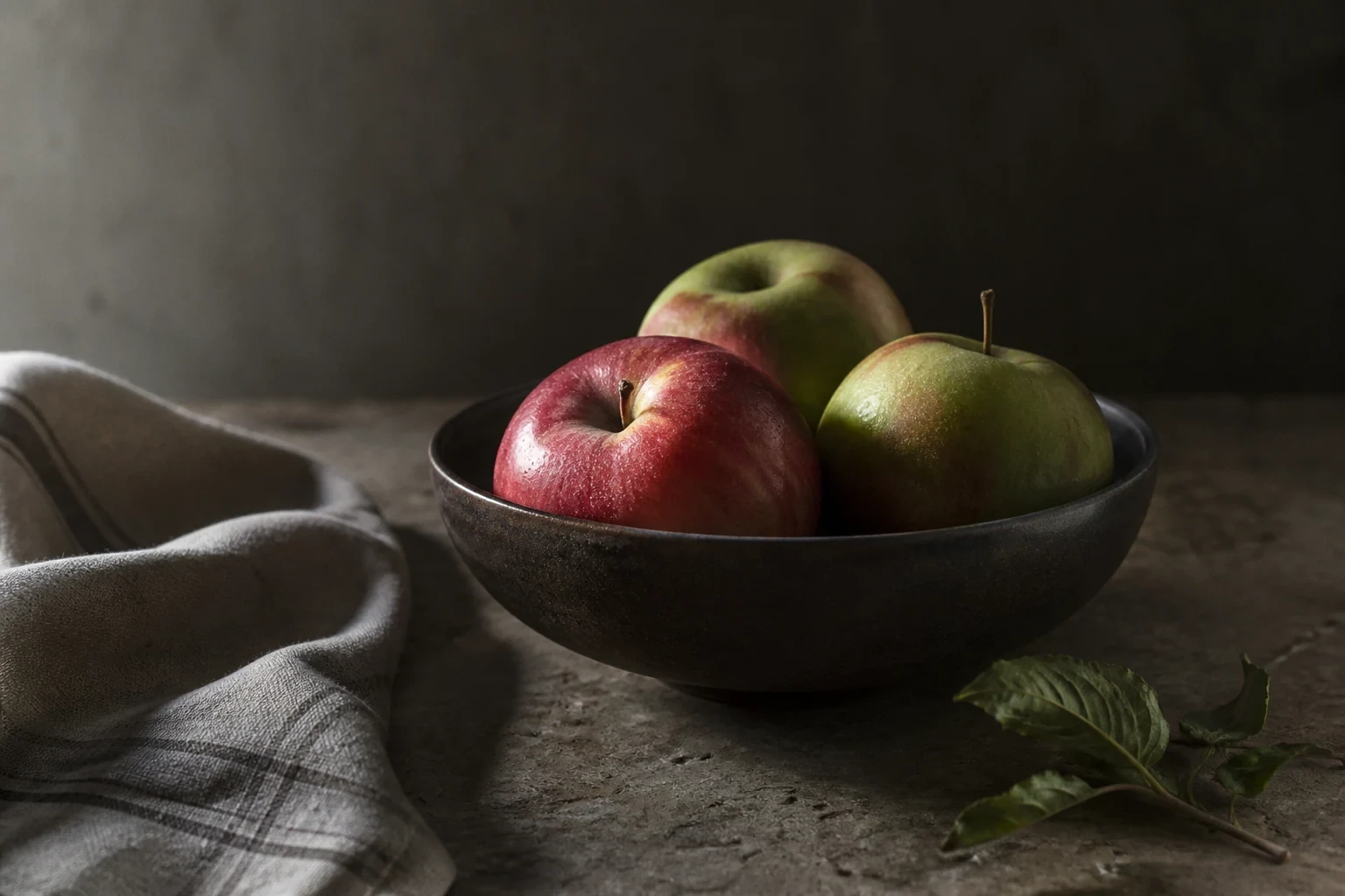 Three red and green apples in a simple dark ceramic bowl, dramatic quiet side light