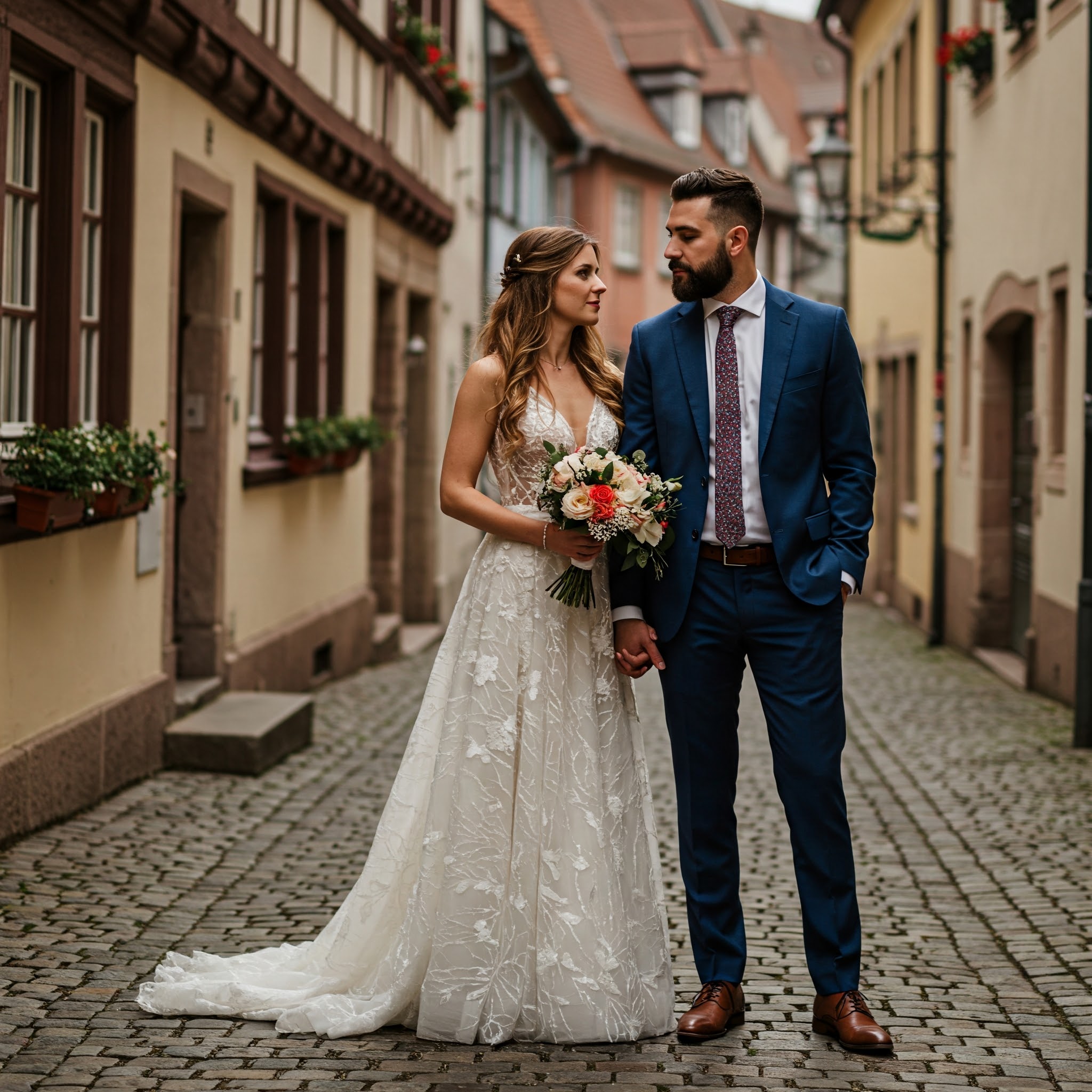 Ein Brautpaar posiert für ein Hochzeitsfoto vor dem historischen Rathaus von Bingen. Die Braut trägt ein modernes Kleid mit tiefem Rückenausschnitt und der Bräutigam einen klassischen Anzug. Im Hintergrund sind die Weinberge zu sehen, die sich sanft über die Hügel erstrecken. Das Paar strahlt vor Glück und die Aufnahme fängt die Freude und Liebe an diesem besonderen Tag ein.